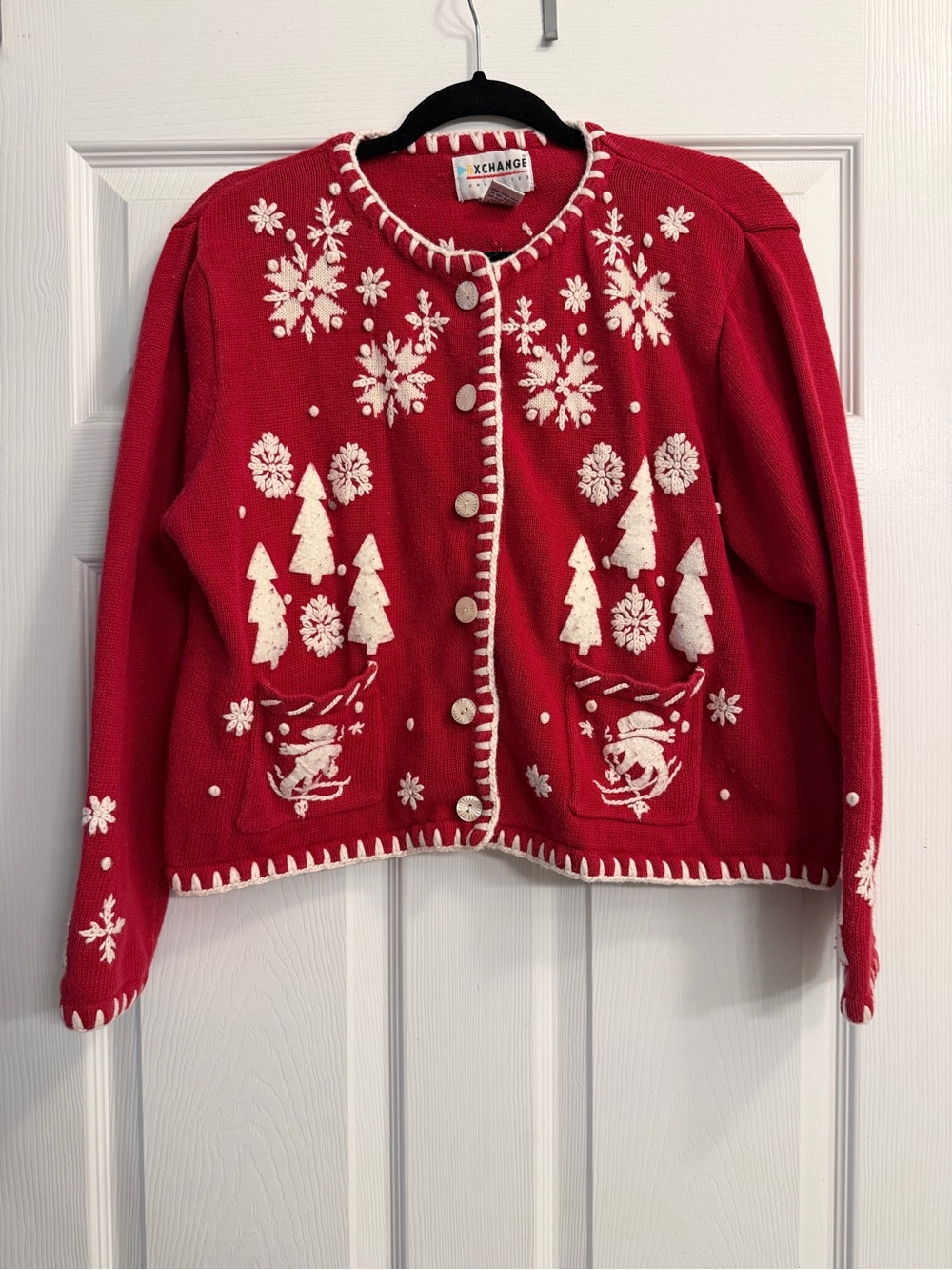 Vintage XCHANGE Red Embroidered Holiday Snowman Cardigan Sweater